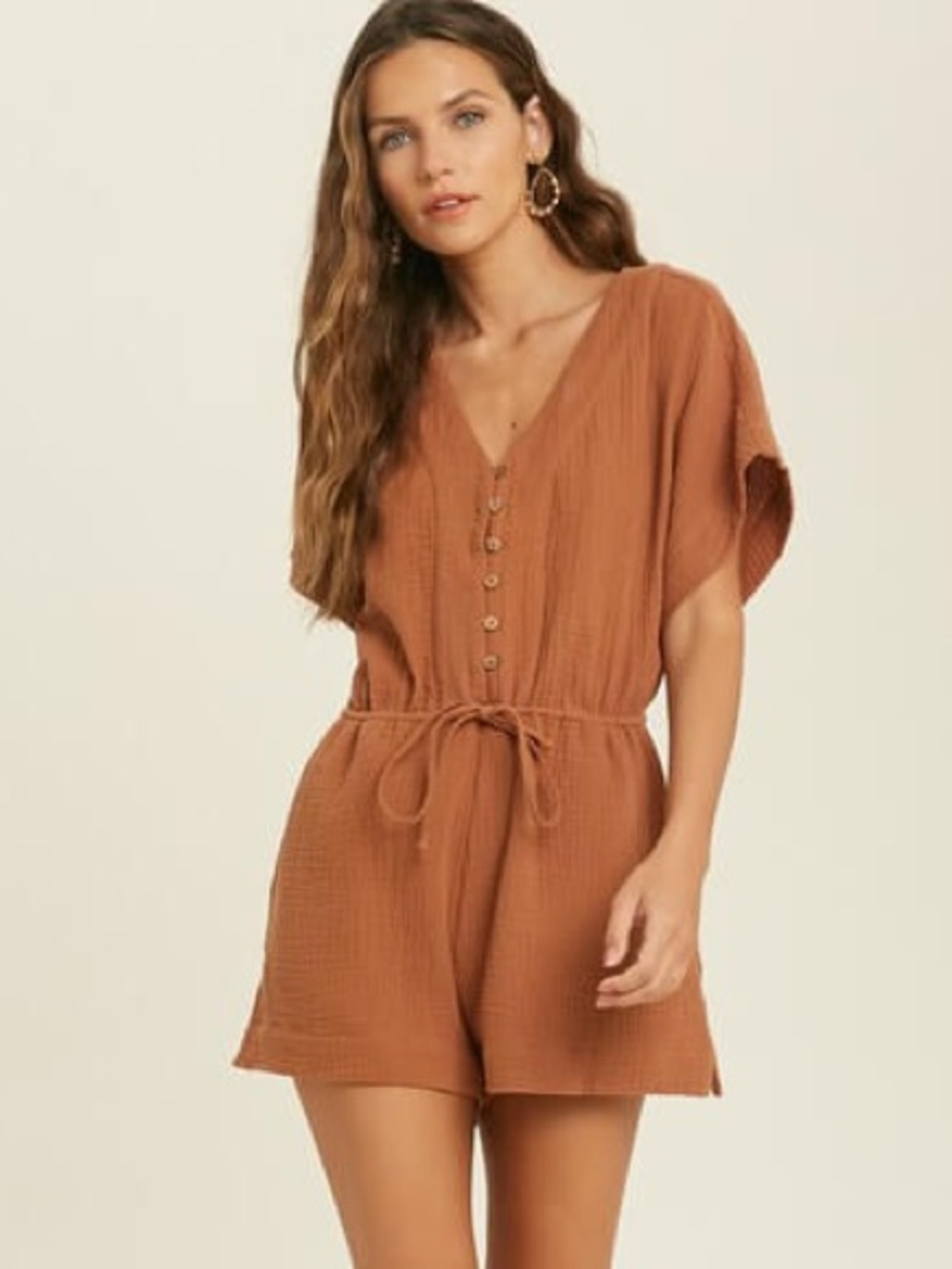 Wishlist Rust Brown Short-Sleeve Button Romper